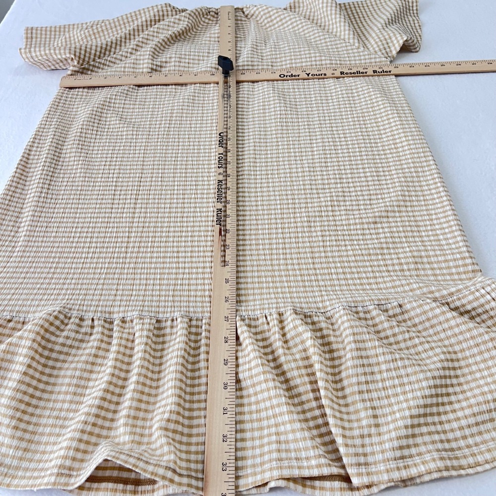 Michael Kors Dress Womens Medium Tan Gingham Check Seersucker Ruffle Cottagecore - Picture 6 of 11